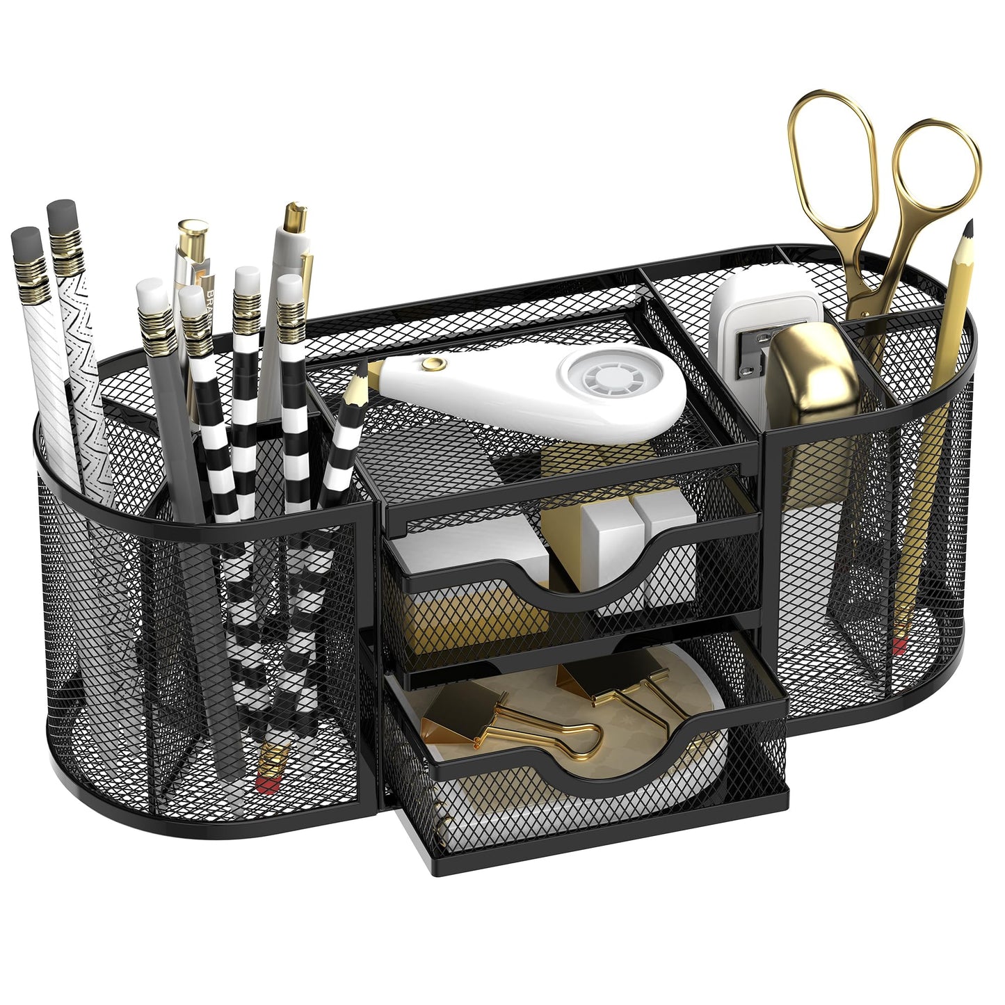 SUPEASY Mesh Desk Organizer, Desk Organizers and Accessories, Pen Holder with Drawers, Pencil Holder for Desk with 2 Drawer for Office Supplies, Black