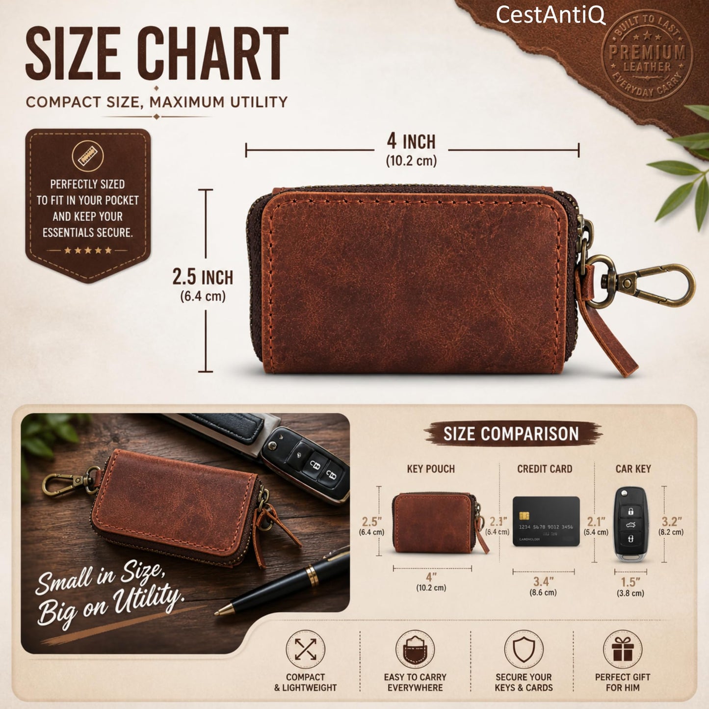 Handmade Full Grain Leather Car Key Holder & Zippered Coin Purse | Belt Loop Key Chain, Compact Earphone Holder Multi-Functional Money Purse Elegant Leather Accessory Versatile Key Organizer (Green)