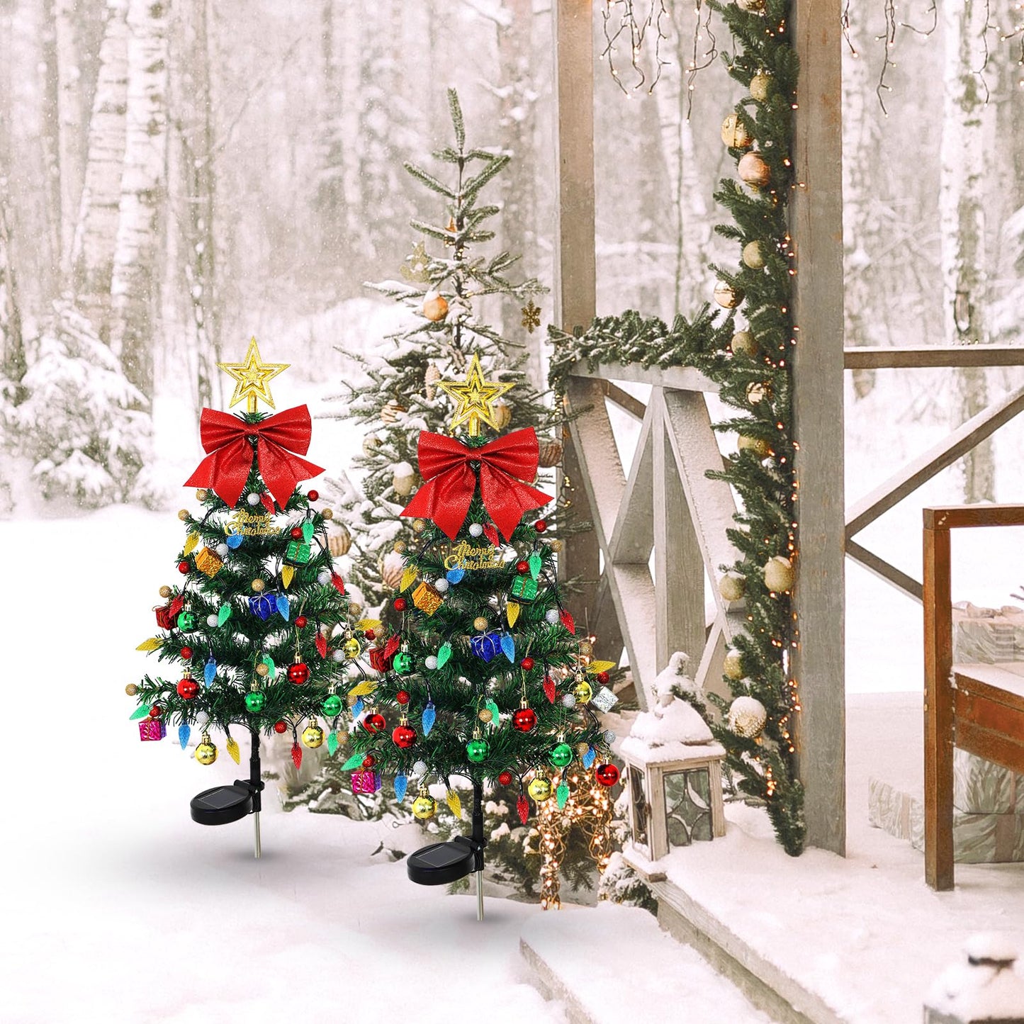 LOMOHOO 4 Packs Solar Christmas Tree 35.8in Outdoor Prelit Lighted Christmas Tree 2 Flashing Modes Solar Xmas Trees with 80 LED Lights for Holiday Porch Yard Garden Patio Cemetery Pathway