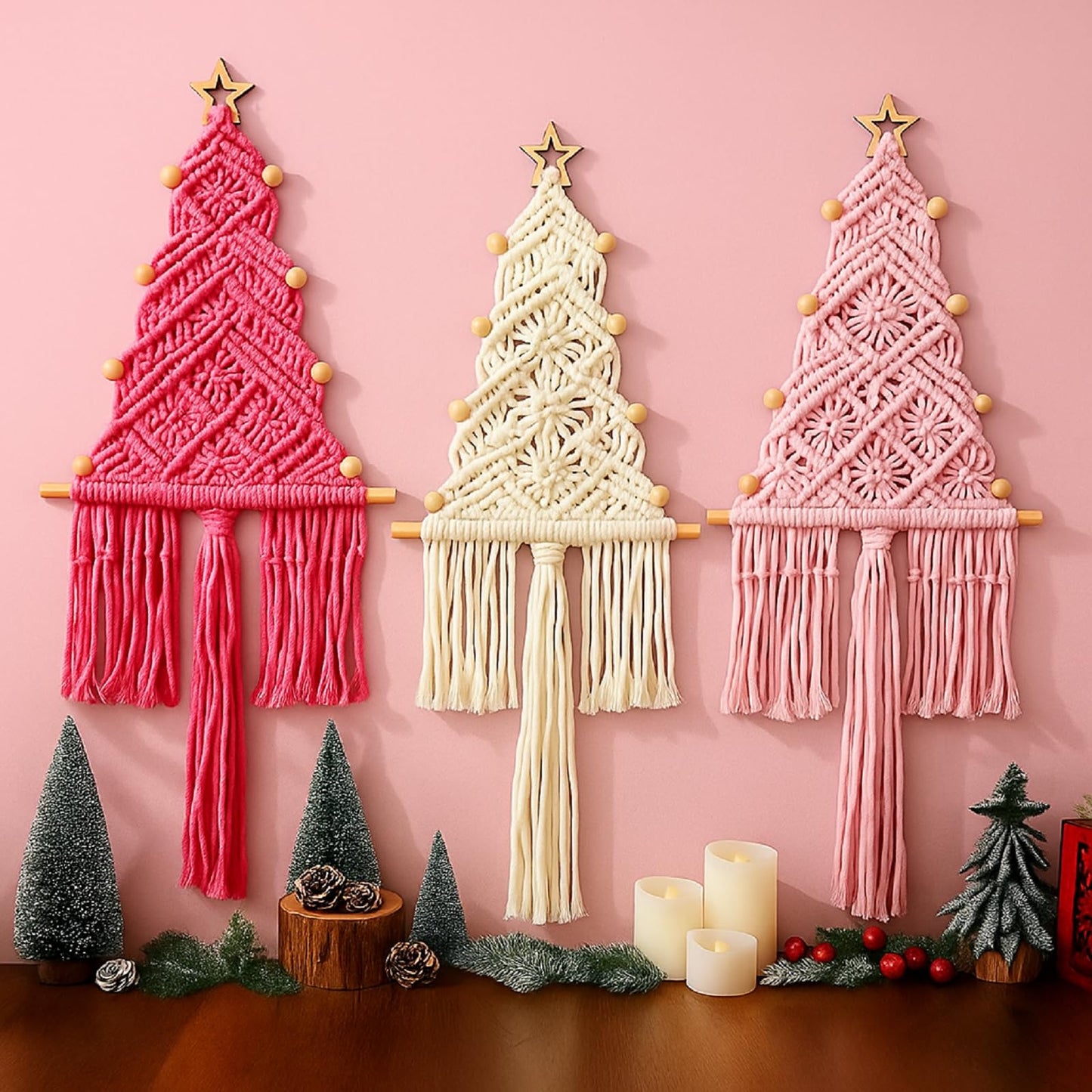 HunnmingRe 3 Pcs Large Macrame Christmas Tree Macrame Christmas Wall Decoration Hanging Ornaments Boho Wall Decor for Party Supplies (Beige,Light Pink and Dark Pink)