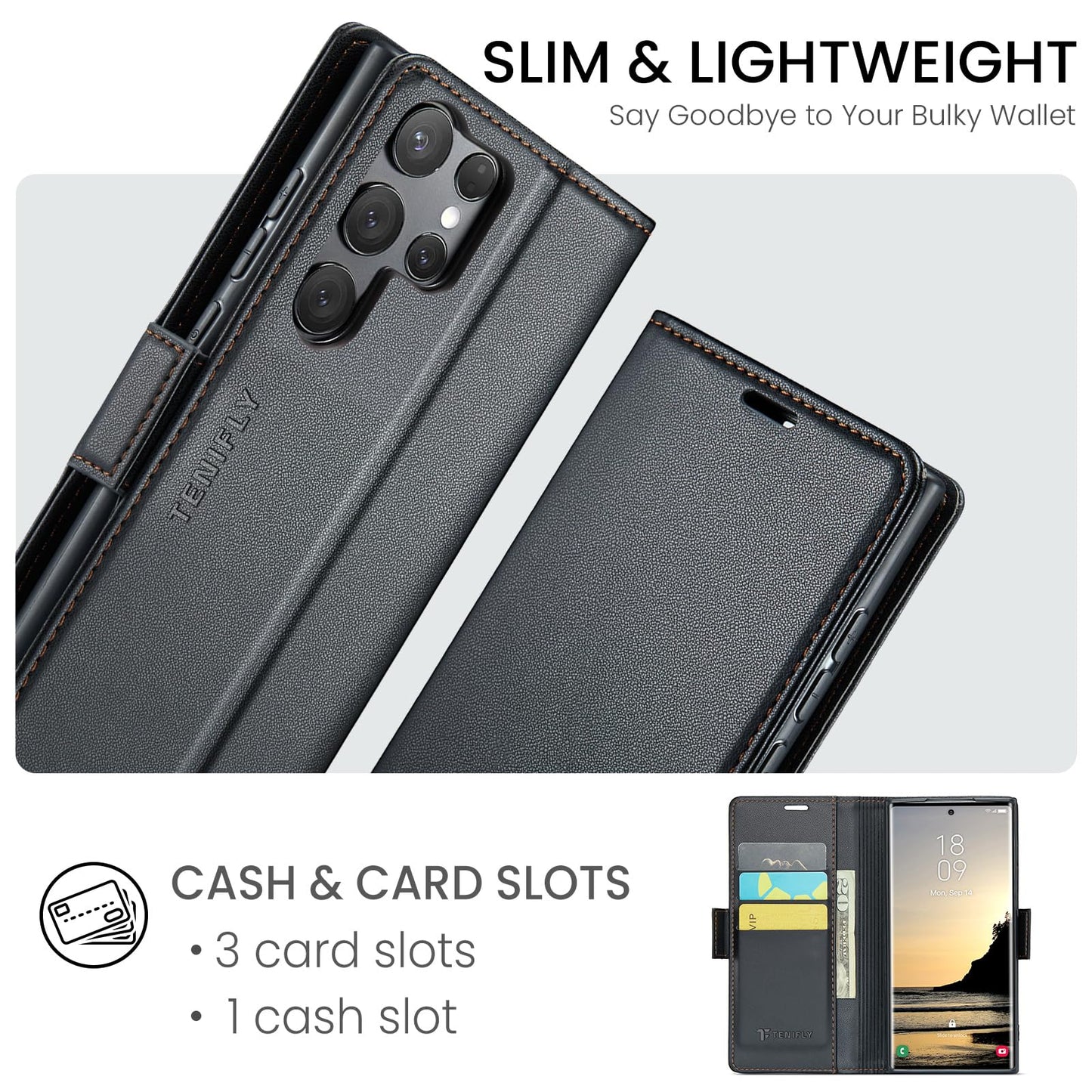Tenifly for Samsung Galaxy S24 Ultra Case Wallet with RFID Blocking Card Holder, PU Leather Kickstand Protective Flip Phone Cover Fit for Galaxy S24 Ultra 6.8", Black