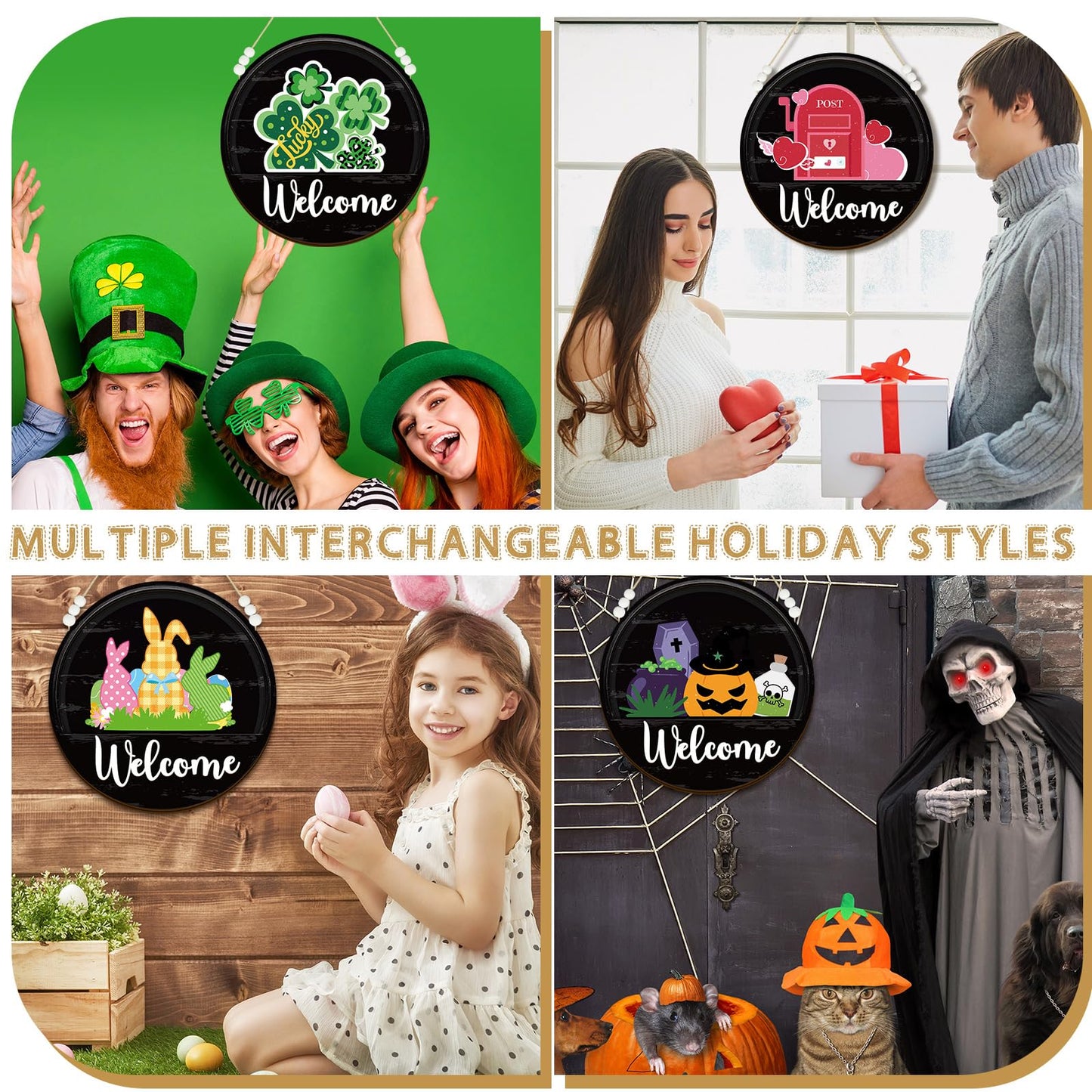 Sintuff 16 Pcs 12 Inch Interchangeable Welcome Sign for Front Door Wood Seasonal Magnetic Icon Holiday Wreath Decor Rustic Hanging Sign for Patriotic Summer Home Warming Gift(White Word, Black Back)