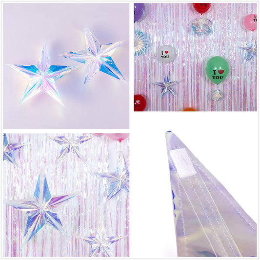 12 Inch Diameter Iridescent Ornament Star Hanging Decorations, Clear Foil Decorative Folding Decor, Rainbow Shine Party Ornaments for Bridal Shower Wedding Birthday Frozen Theme Party Decorations
