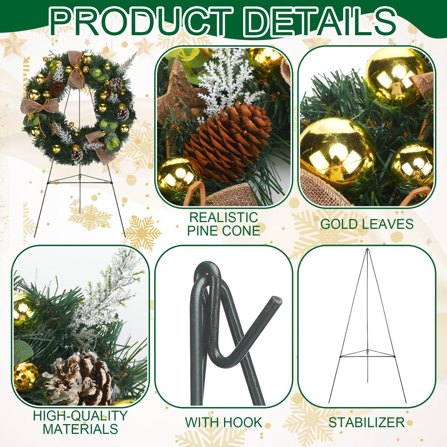 Hotop 2 Pcs Christmas Memorial Cemetery Wreath for Graves with 30 Inch Easel Christmas Memorial Wreath Decoration Set Pinecones Gold Leaves for Holiday Outdoor Gravestone