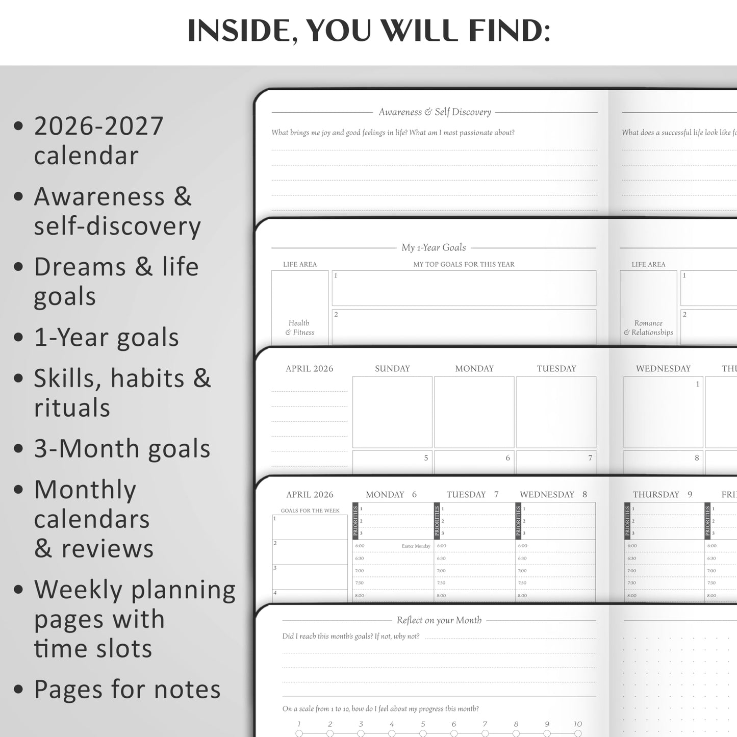 Legend Dated Hourly Weekly Planner 2026 – Daily, Monthly & Yearly Agenda with Time Slots – Hardcover Organizer Journal, 5.8x8.3” (Black)