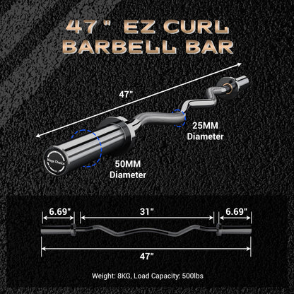 47" Olympic EZ Curl Bar - 500lb Capacity Heavy Duty Chrome Curling Bar for Biceps Triceps Workout, With 2 Spring Collars, Fits 2" Standard Weight Plates for Home & Gym Strength Training