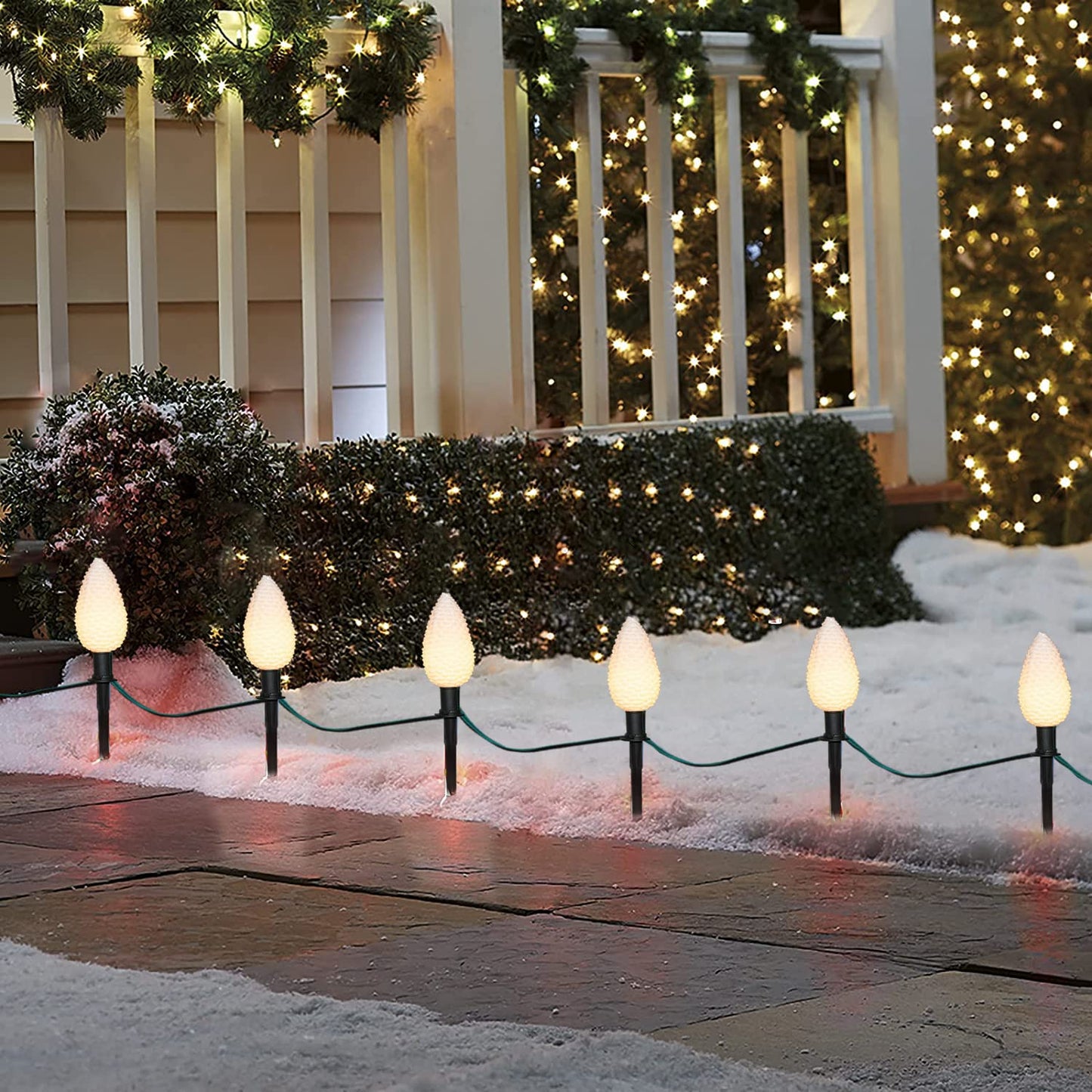 C9 Christmas Pinecone Path Marker Light,1 Pack 7 Ft Expandable Path Light String with 4 LED Pinecone Lights with 4 Stakes Waterproof Christmas Lawn Walkway Lane Marker Lighting Decoration, Green Wire