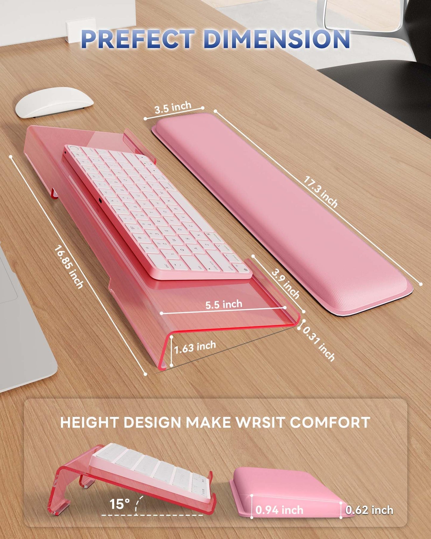 Laborio Computer Keyboard Wrist Rest Stand for Desktop, Keyboard Holder for Easy Typing with Wrist Pad for Office Desk, Home, School (Pink)