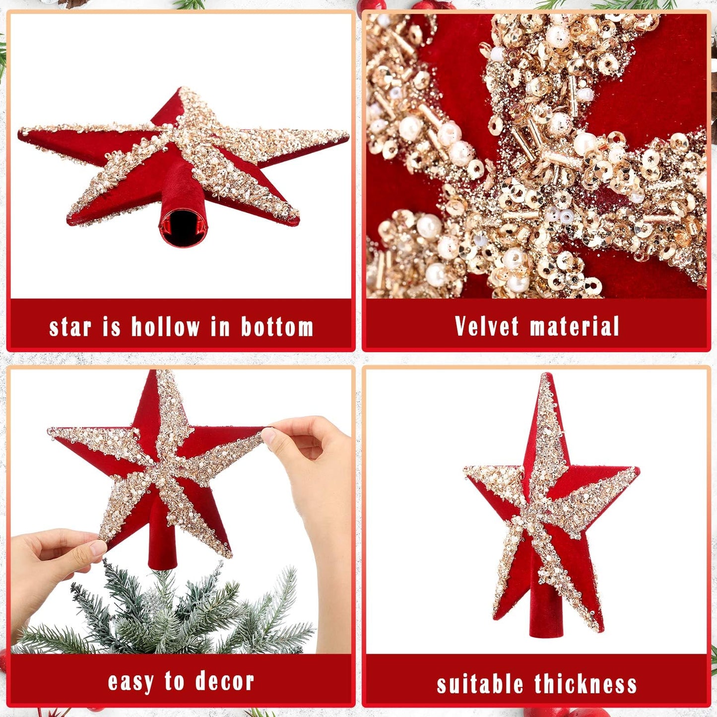 Soulchen 7.87 Inches Christmas Tree Topper Velvet Glitter Star Tree Topper Red Silver Holiday Bethlehem Star Ornament Decorative Christmas Decoration Xmas Gift Home Decor