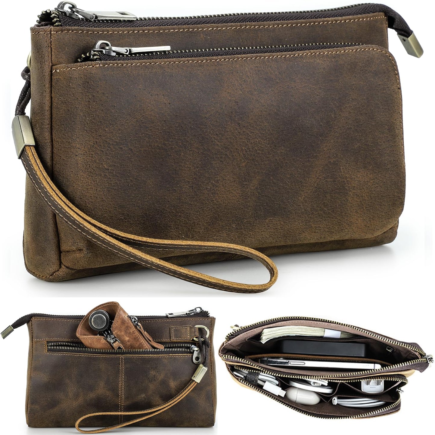 CataPurus Electronic Organizer Zipper Bag Tech Kit, Top Grain Leather Handmade, Portable Compact Travel Apple Accessories Storage Pouch Fits Phone, USB Cables, Power Banks, Chargers, Hard Drive