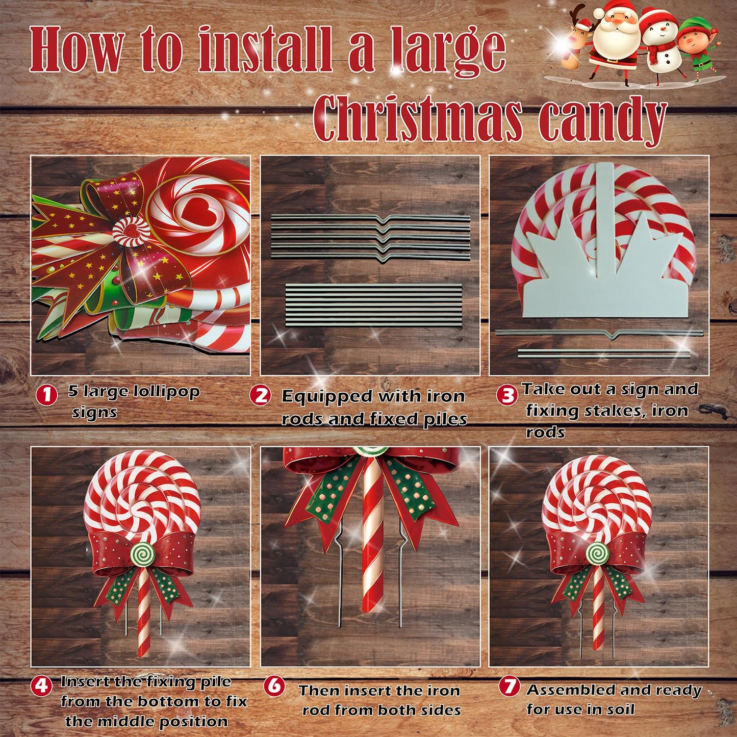 BoGlowHaven Outdoor Christmas Decorations Jumbo 24 Inch Lollipop Yard Signs 5ct with 20 Stakes 10 Fiberglass and 10 Metal Waterproof Holiday Christmas Decorations for and Garden Waterproof