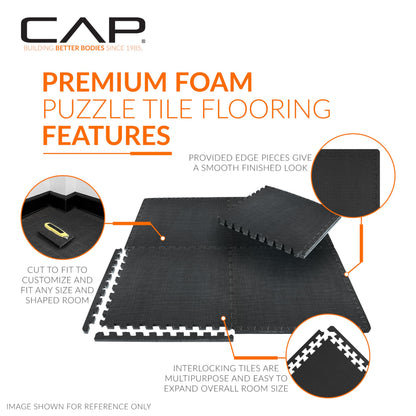 CAP Barbell 1/2-Inch Interlocking EVA Foam Exercise Puzzle Mat Home Gym Flooring - 3 Pack | 24" x 24" x 1/2" | T Pattern - Black