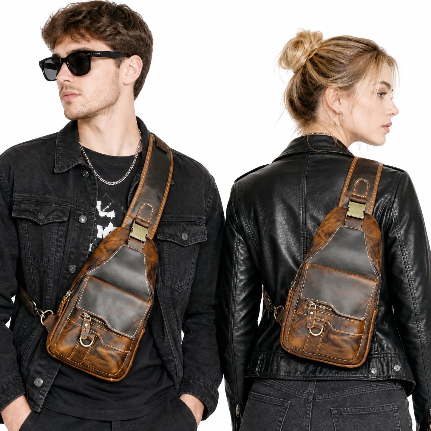 Handadsume Water Resistant Canvas + Leather Hiking Travel DayPack Sling Crossbody Triangle Chest Pack Bag For Men Women FB8013 (100% Genuine Leather-8015 Brown)