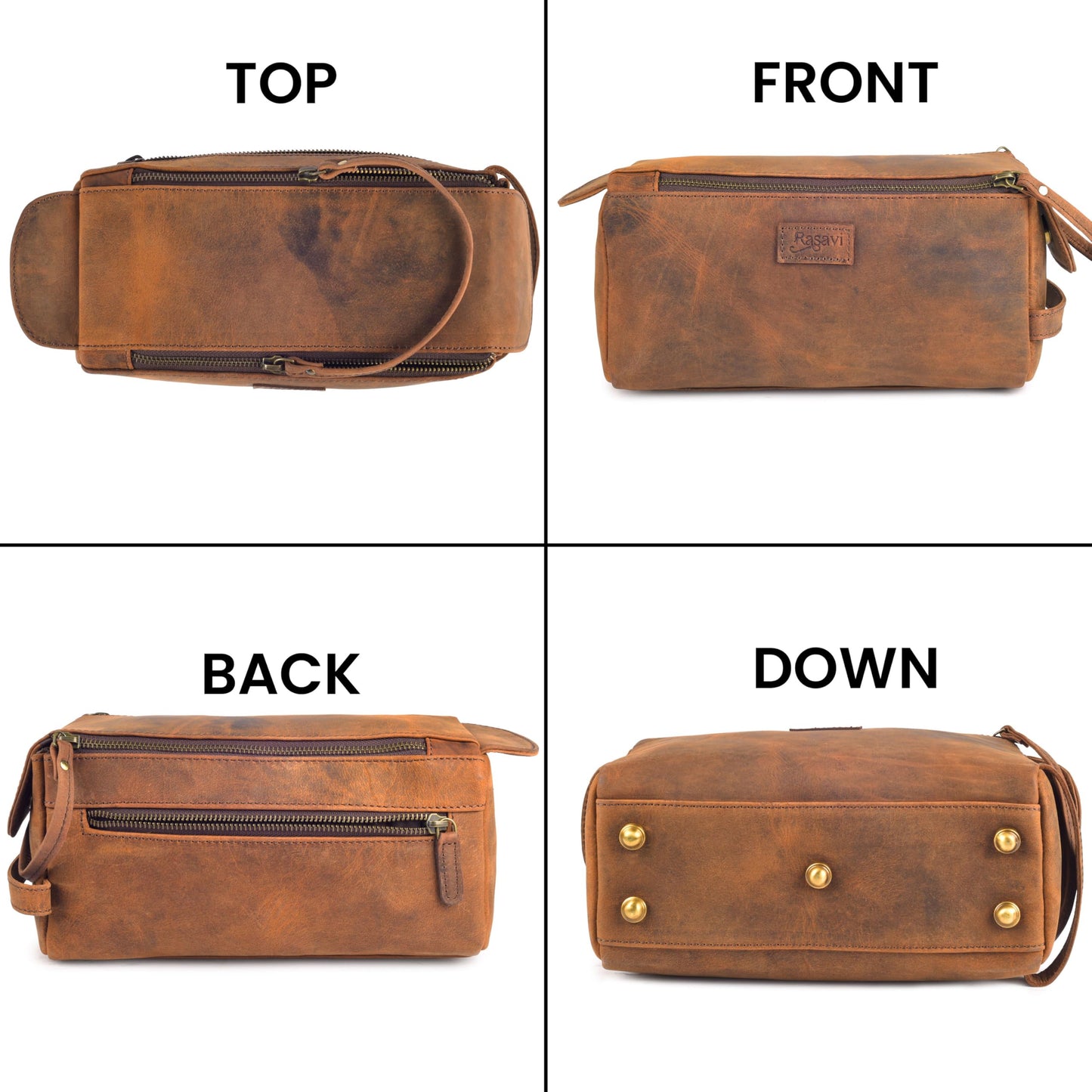 Rasavi Genuine Leather Travel Toiletry Bag for Men & Women, Handcrafted Vintage Dopp Kit, Water-Resistant Shaving & Bathroom Essentials Organizer - Distressed Brown