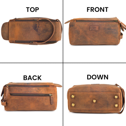 Rasavi Genuine Leather Travel Toiletry Bag for Men & Women, Handcrafted Vintage Dopp Kit, Water-Resistant Shaving & Bathroom Essentials Organizer - Distressed Brown