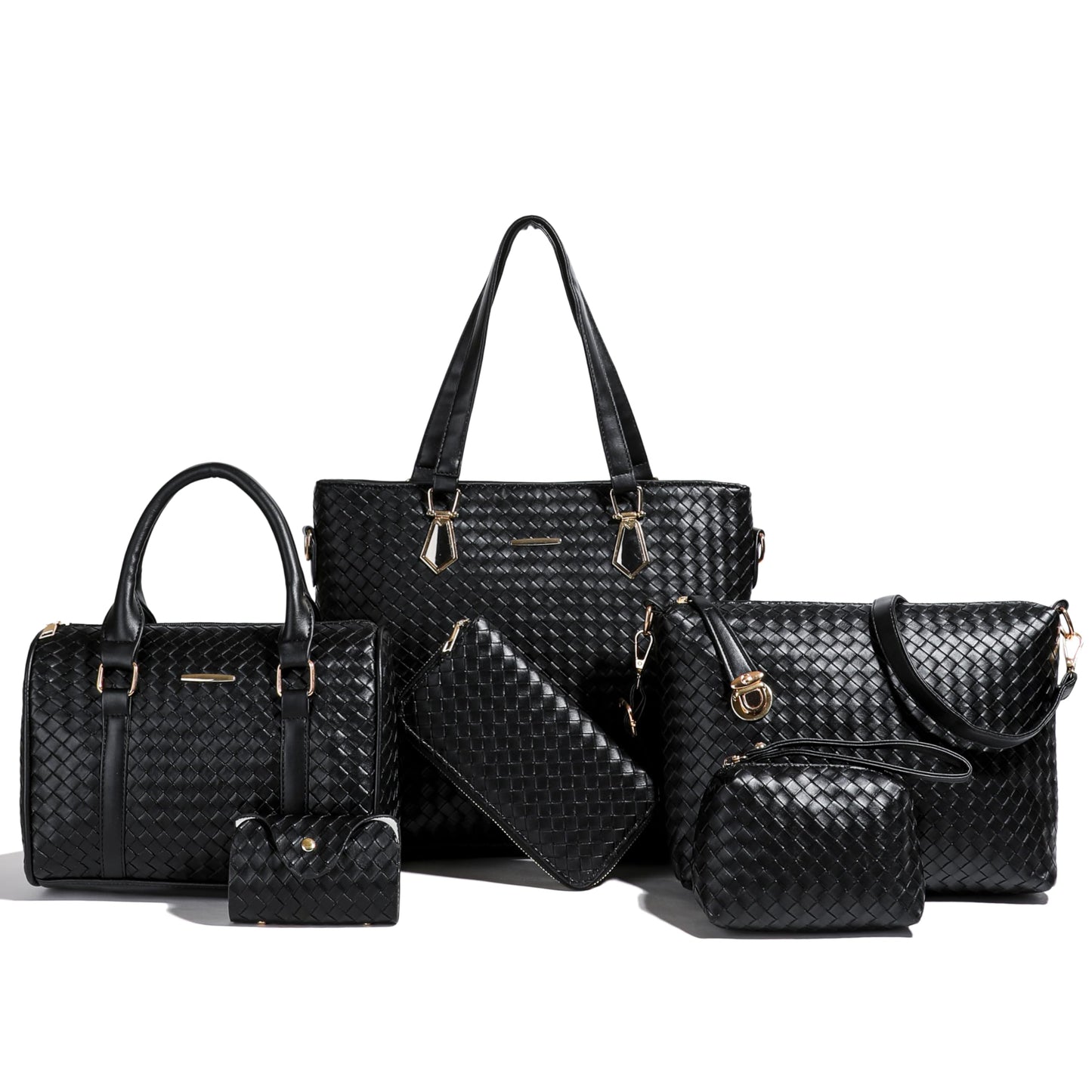 OTMIPIML Purses and Handbags for Women Synthetic Leather Tote Crossbody Bags Satchel Purses Set 6pcs (4A-Black-woven)
