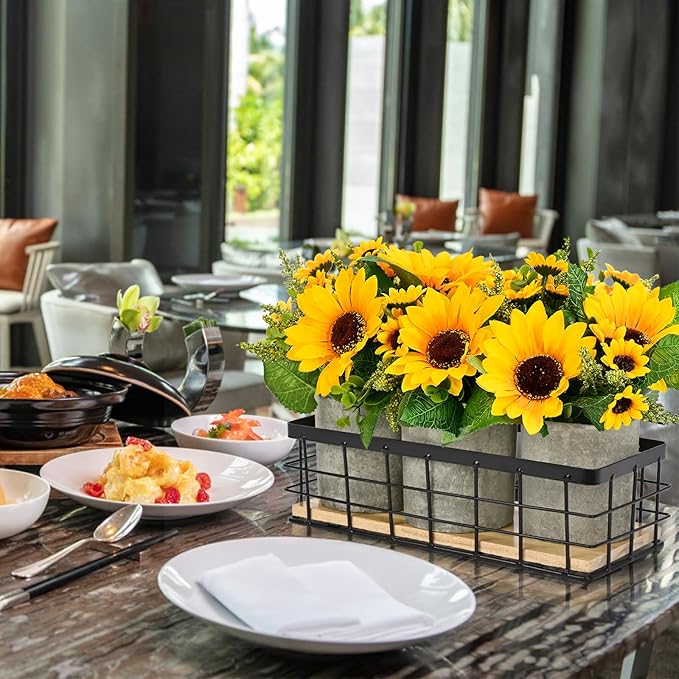 Sunflower Artificial Flowers, Fake Sunflower Table Centerpiece Decor, Artificial Fall Flowers Arrangement Farmhouse Decoration for Home Bathroom Kitchen