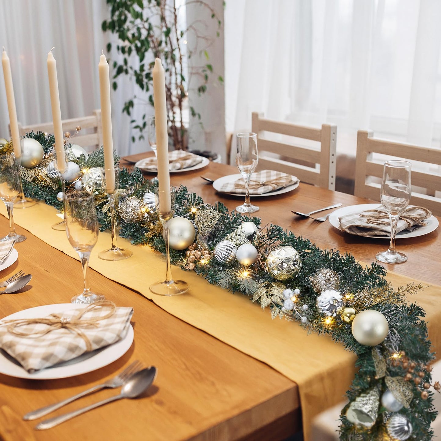 FairyLee 6ft Battery Operated Christmas Garland with 20 LED Lights & Timer, Pre-Lit Artificial Garland for Mantle, Staircase, Table, Indoor Outdoor Xmas Holiday Decor,Gold