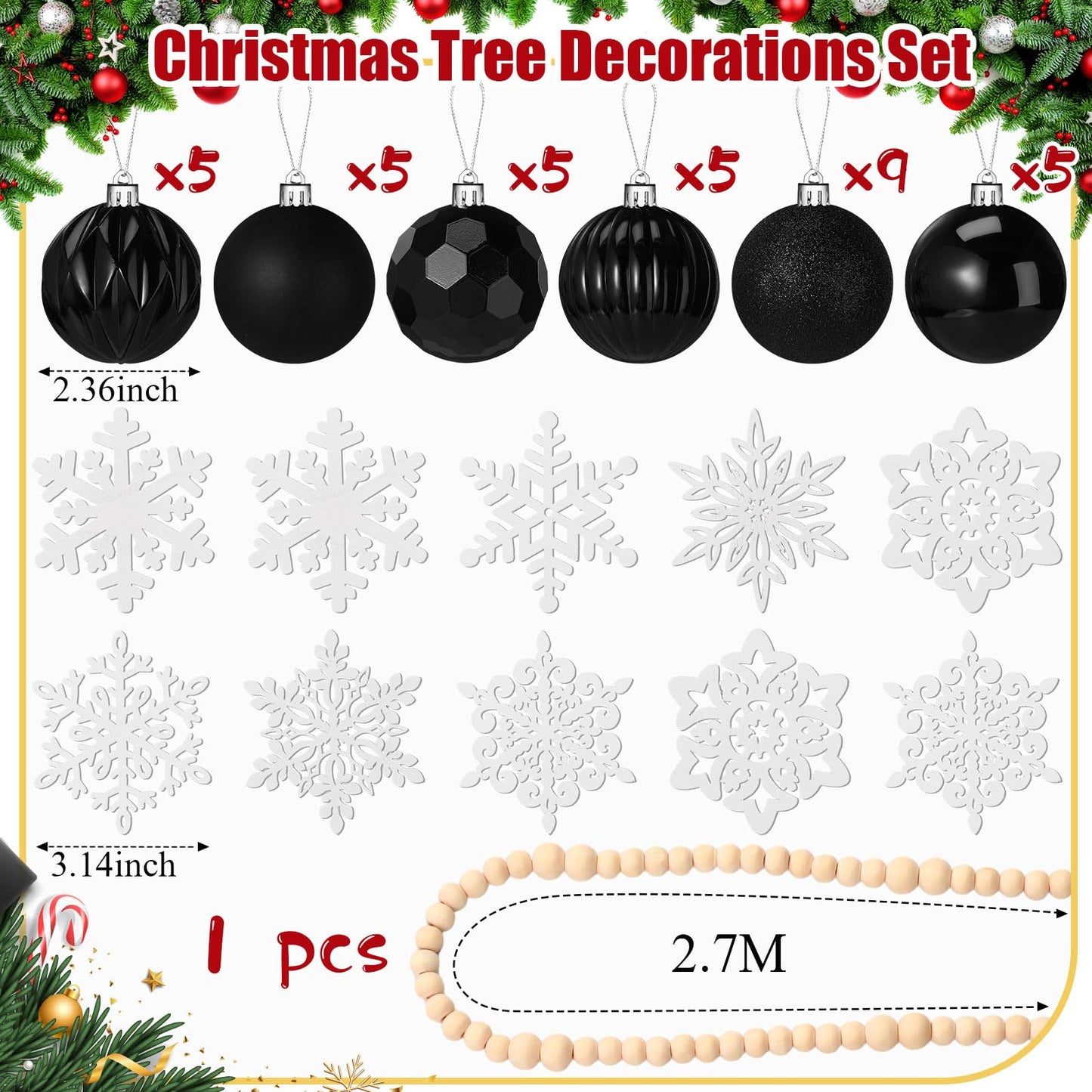 Aoriher 45 Pcs Christmas Tree Ornament Set,34pcs Christmas Ball Ornaments with Xmas Wooden Bead Garland Snowflake Ornaments for Xmas Tree Holiday Wedding Party Wreath Home Decoration(Black)