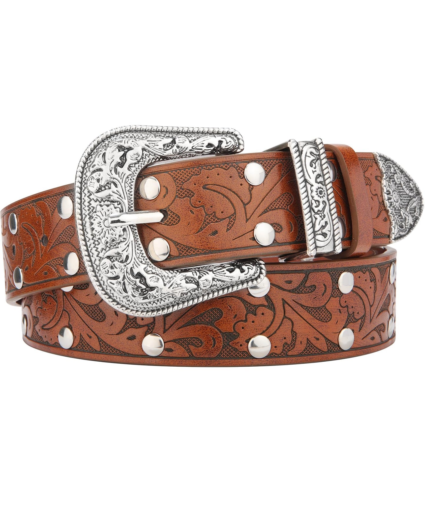 Kajeer Western Belt for Women, Women Cowboy Belt Vintage Engraved Rivet Cowgirl Country PU Leather Belt for Pants Jean