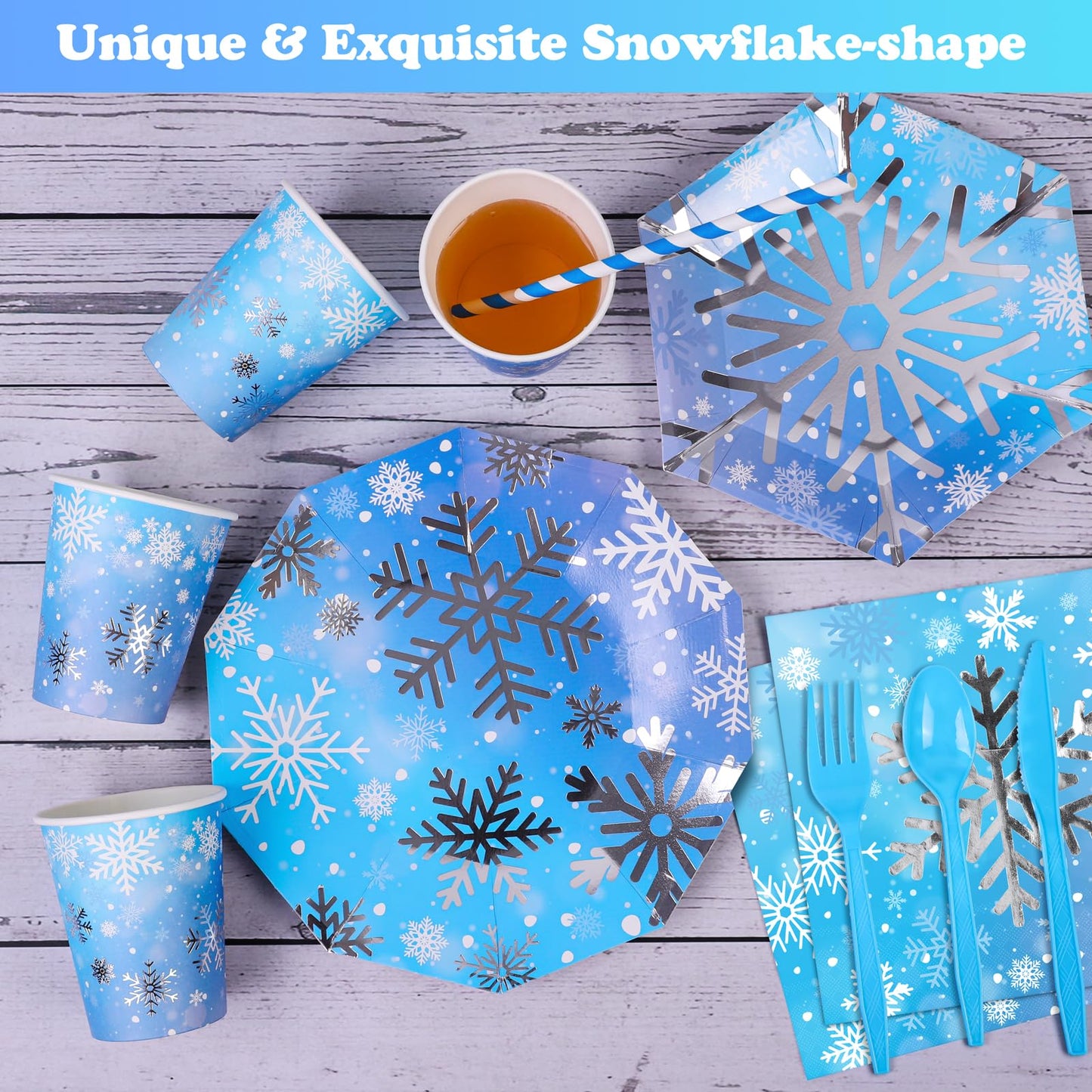durony 201 Pieces Winter Snowflake Party Tableware Supplies Frozen Birthday Silver Stamping Snowflake Paper Plates Napkins Cups Straws Cutlery Tablecloth for Winter Frozen Party Supplies, Serve for 25