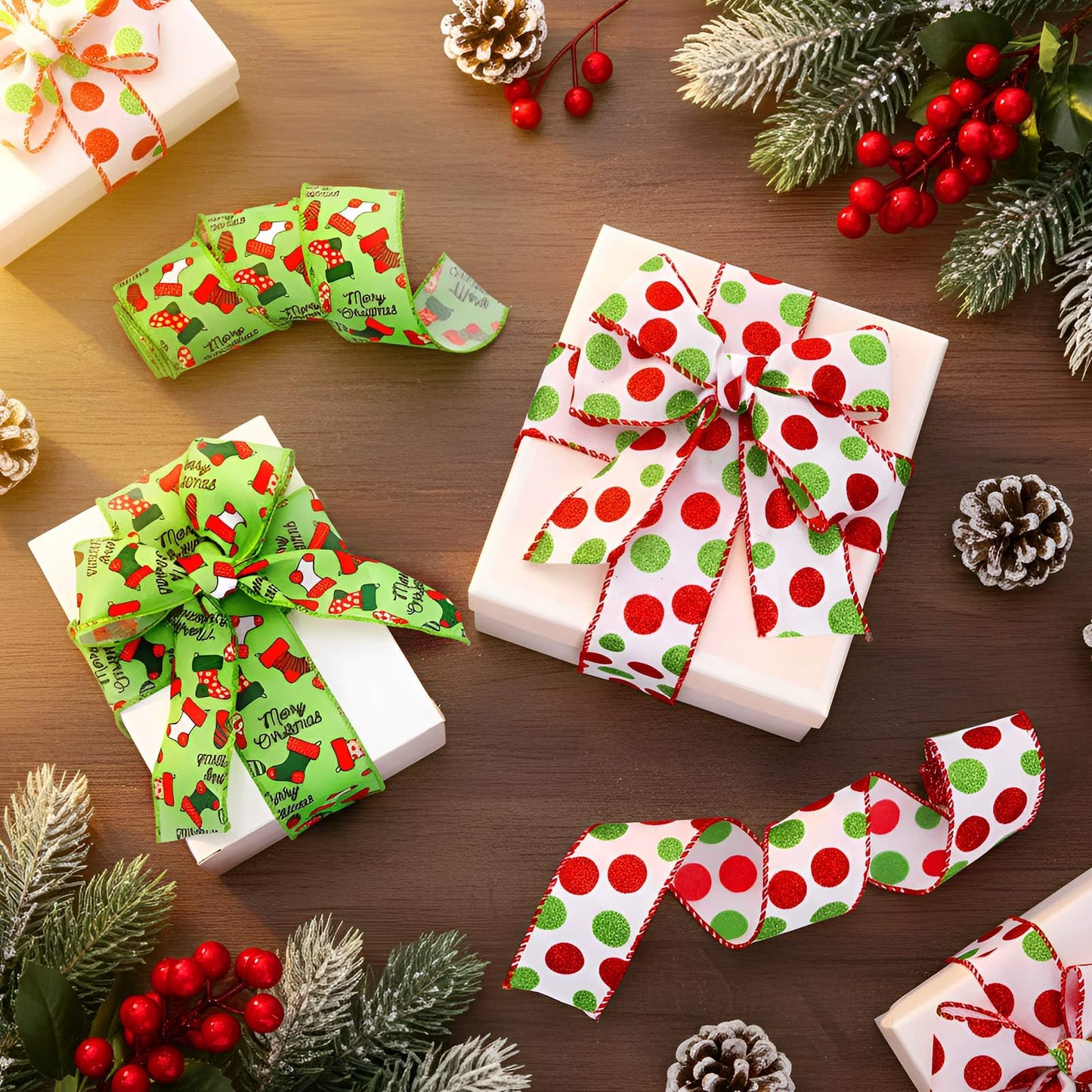 Tigeen 6 Rolls 30 Yards Red and Green Christmas Wired Ribbons Edge Candy Polka Dot Xmas Stocking Ribbons for Holiday Decorations Gift Wrapping Wreath Bows DIY Crafts Making, 2 Inch