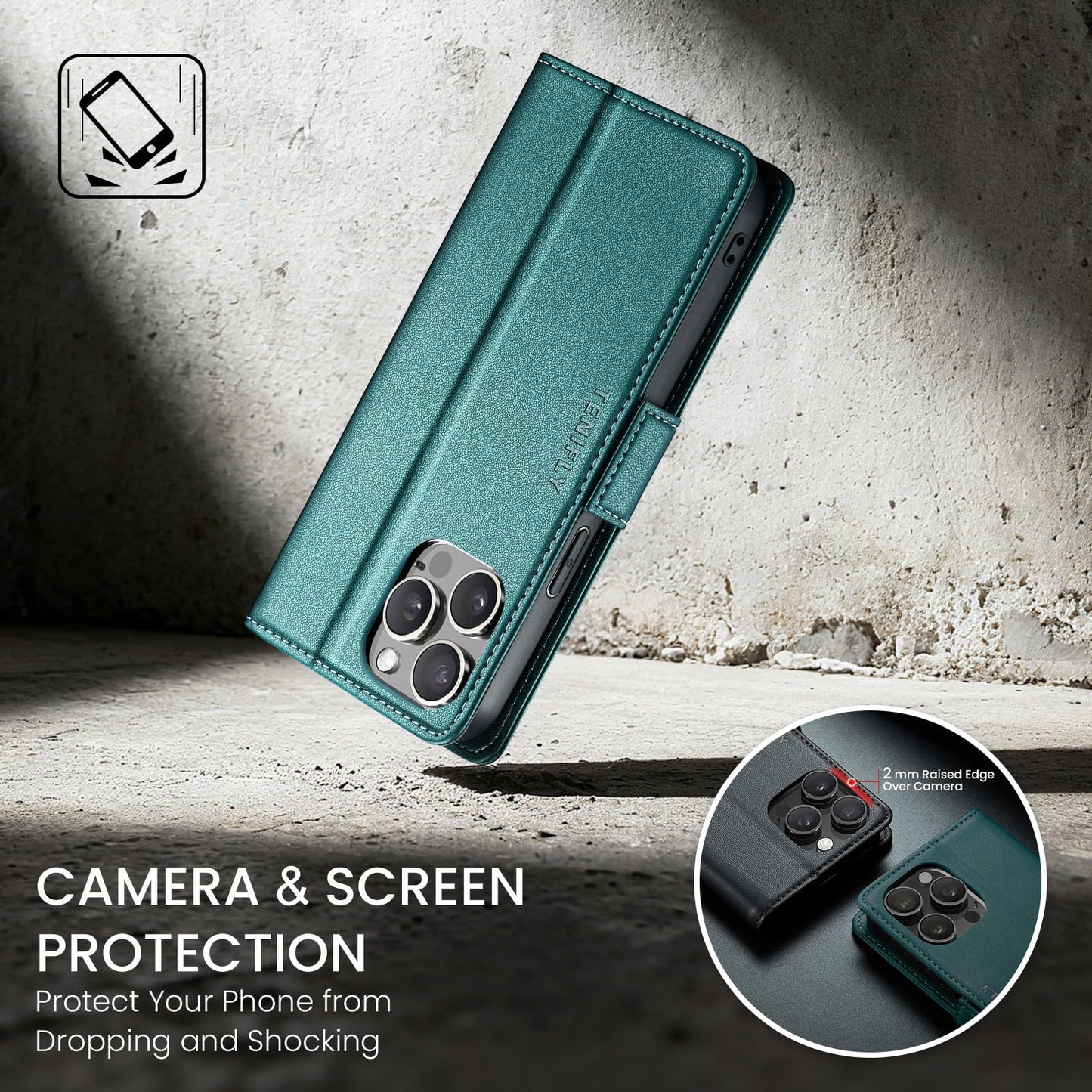 Tenifly for iPhone 15 Pro Max Case Wallet with RFID Blocking Card Holder, PU Leather Kickstand Protective Flip Phone Cover Fit for iPhone 15 Pro Max 6.7", Bluish Green