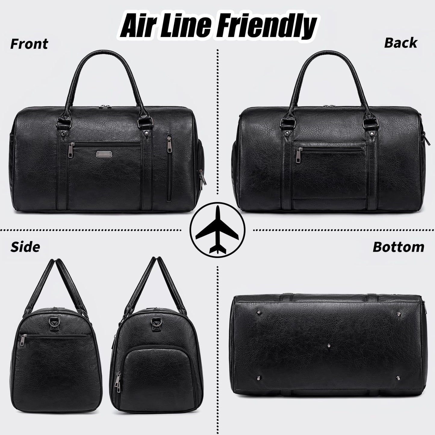 Large Travel Duffel Bag for Women Men, Faux Leather Weekender Overnight Bag with Shoe Compartment, Waterproof Carry On Bag with Toiletry Bag, Travel Tote Bag Gym Bag (Black)