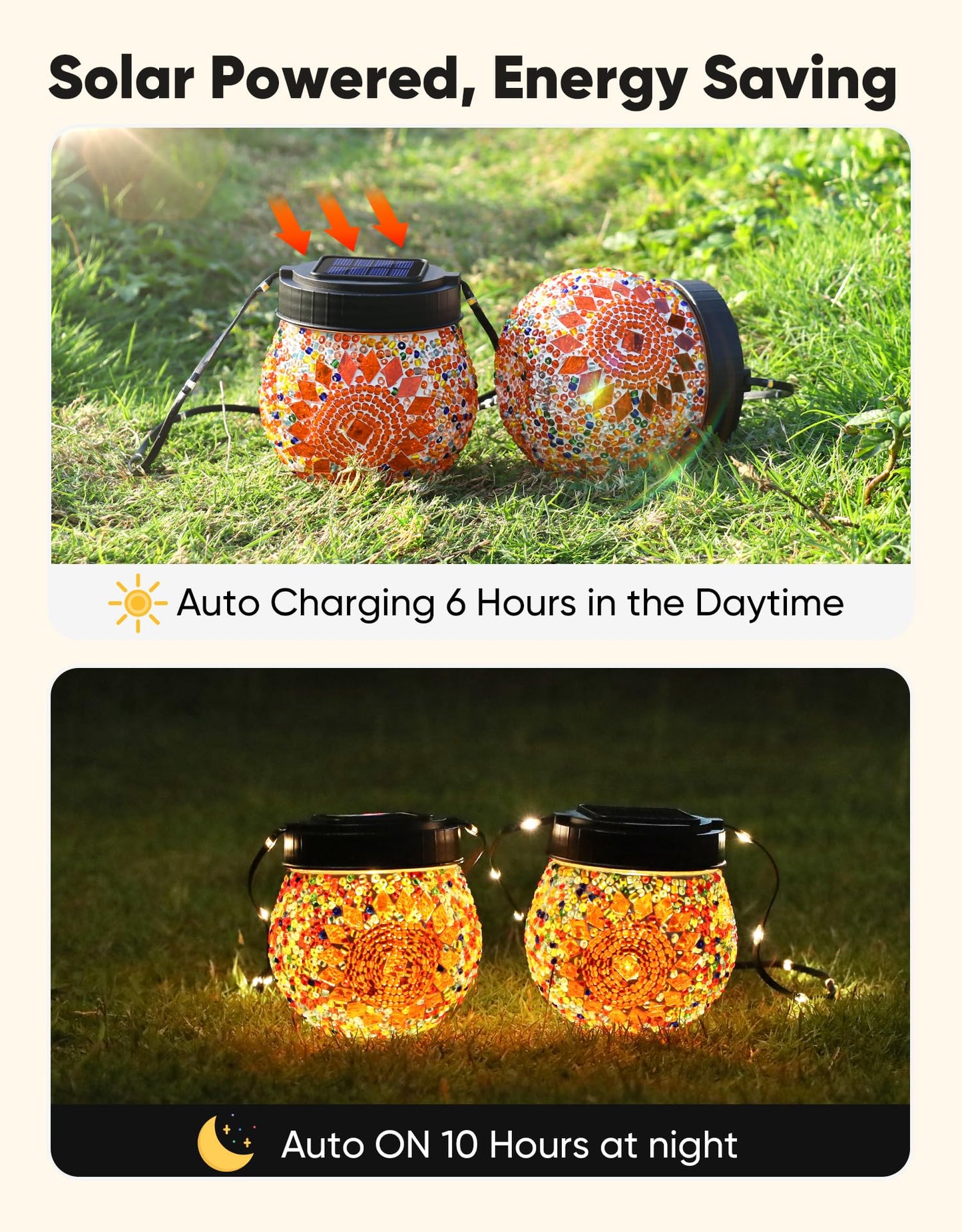 Mosaic Solar Lights Outdoor 6 Pack, Solar Hanging Lanterns Christmas Halloween Gifts for Women Mom Grandma, Waterproof Glass Globe Lights, Garden Patio Decor for Yard, Tree, Balcony, Warm