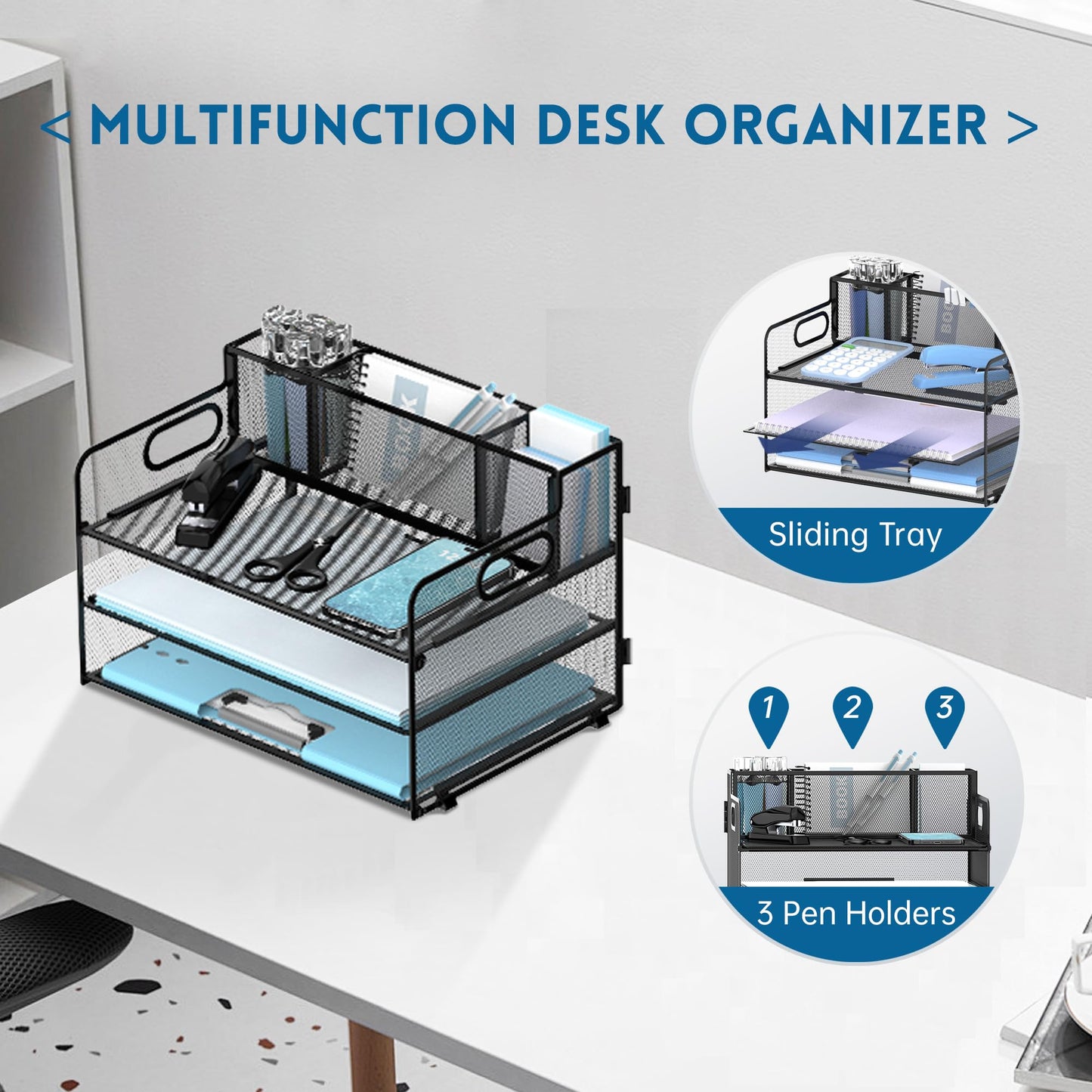 JMHUD 3 Tier Desk File Organizer with Pen Holder, Mesh Paper Tray File Organizer for Desk, Fold Holder with Handle for Office, Classroom, Home, Workspace(Black)