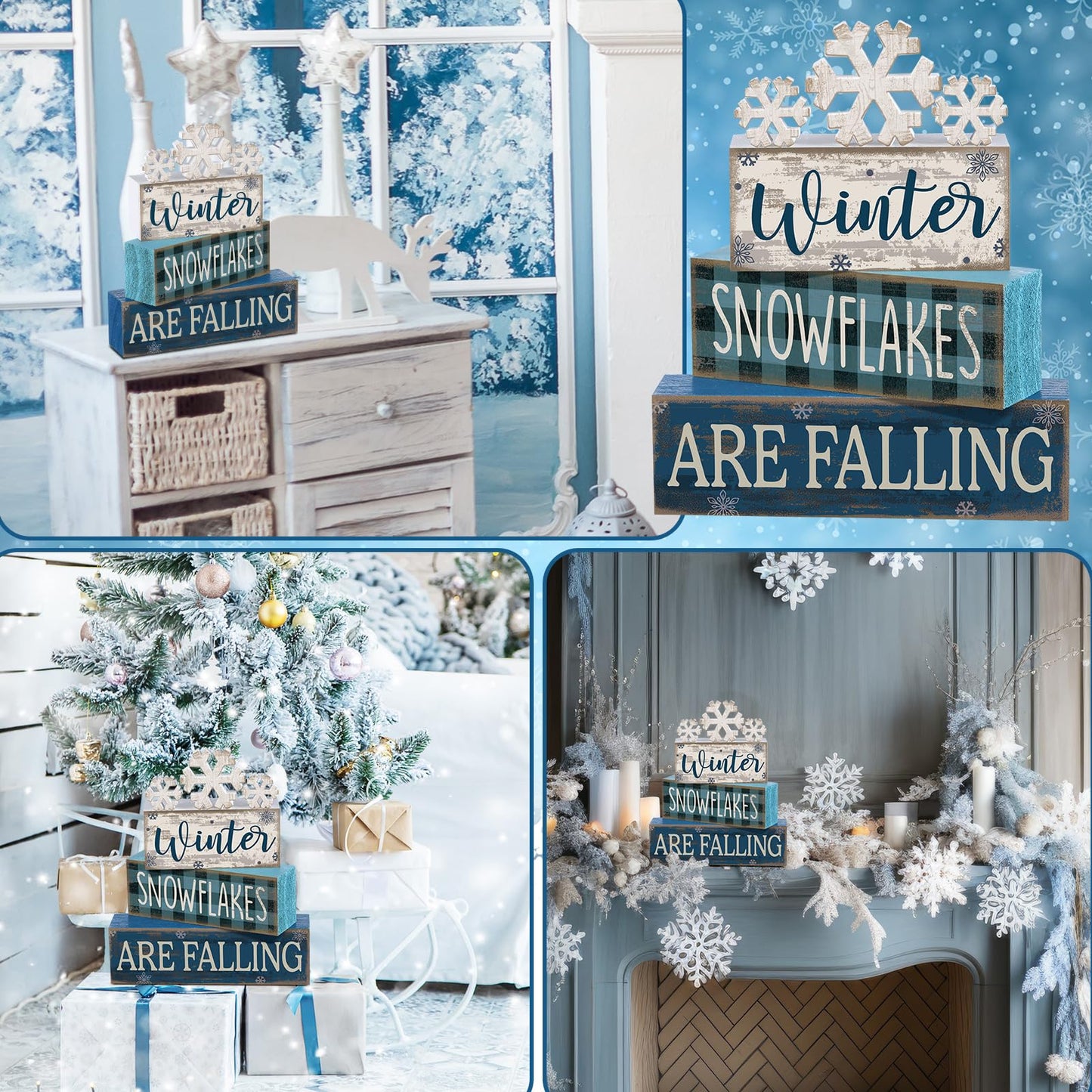 Yuntau 6 Pcs Winter Snowflakes Table Decorations Christmas Snowflake Centerpieces for Tables Winter Tiered Tray Decor Rustic Wood Snow Sign Farmhouse for Wonderland Party Kitchen Shelf Home