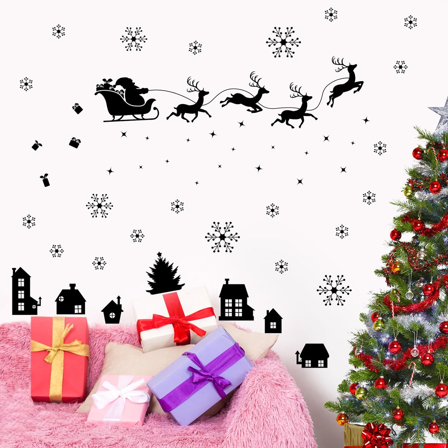 Merry Christmas Wall Decal Black Santa Reindeer Snowflake Window Clings Wall Stickers Removable Xmas Vinyl Wall Decor for Holiday Party Bedroom Office Living Room Home Decoration
