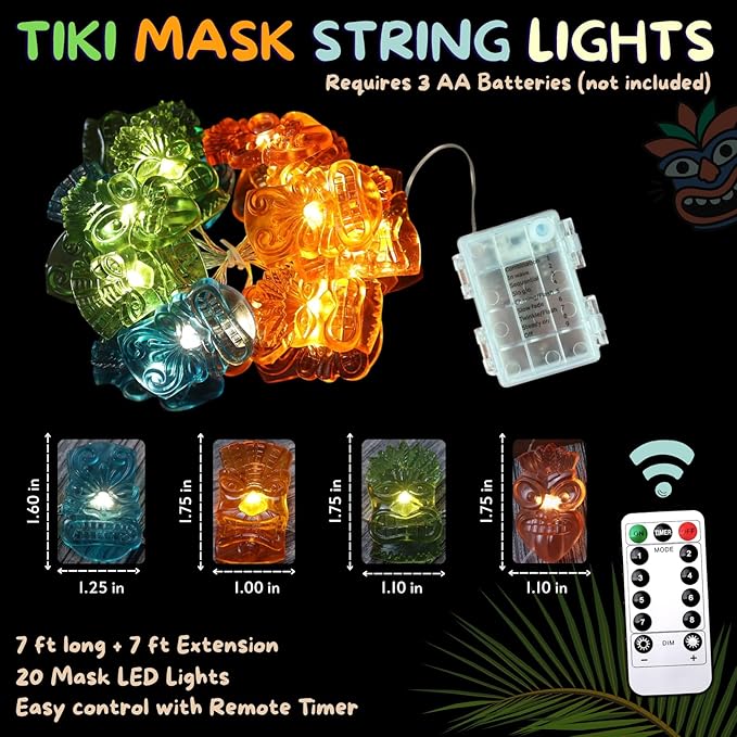 Tiki Mask String Lights Outdoor Waterproof 7FT 20PCS, Tropical Hawaiian Luau Party Lights Battery Operated LED with Remote Control, Patio Garden Porch Yard Pool BBQ Tiki Bar Summer Decorations