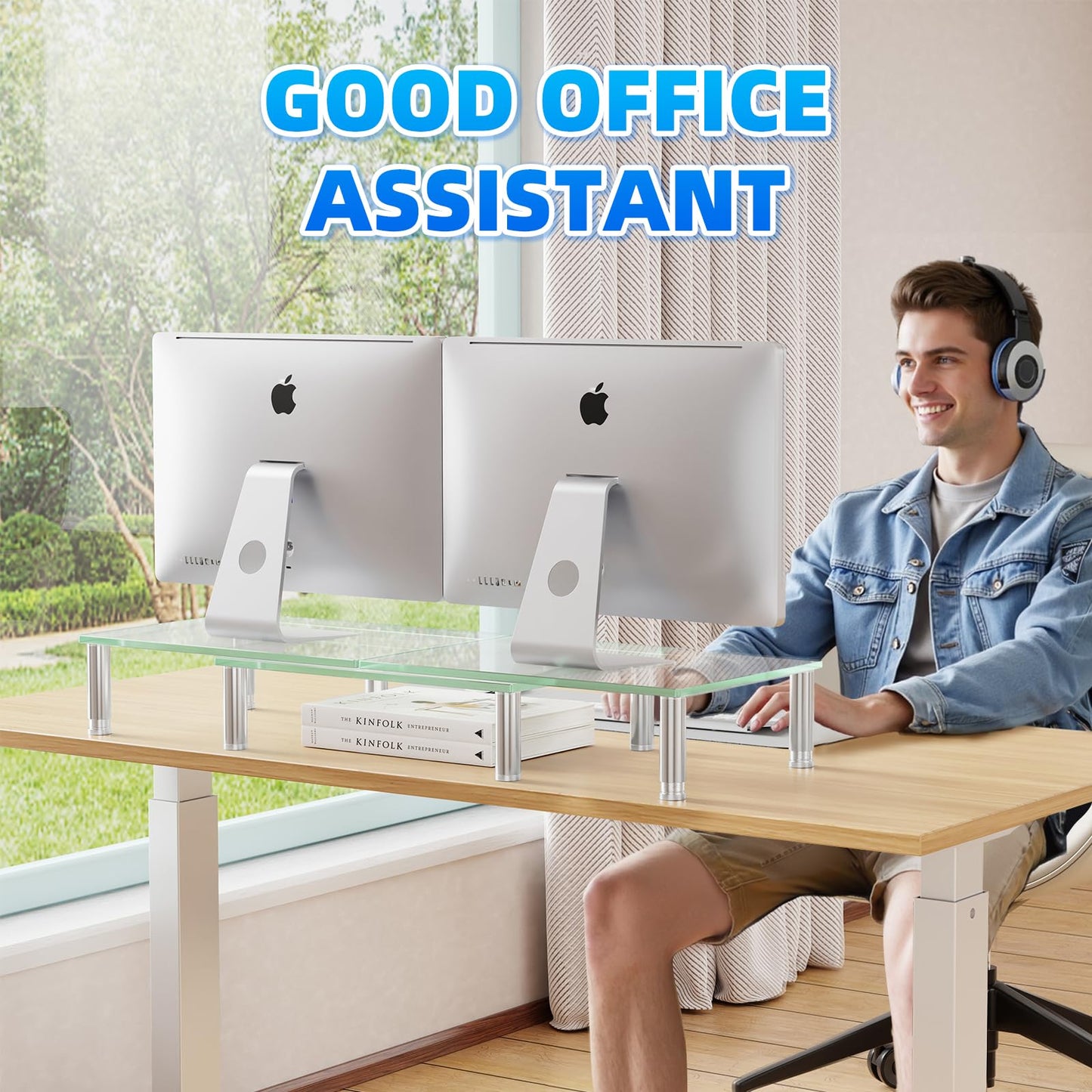 Simple Trending Dual Monitor Stand Riser, Computer Office Desktop Organizer for 2 Monitors with Tempered Glass, Adjustable Length and Angle Stand for Laptop,Printer,TV