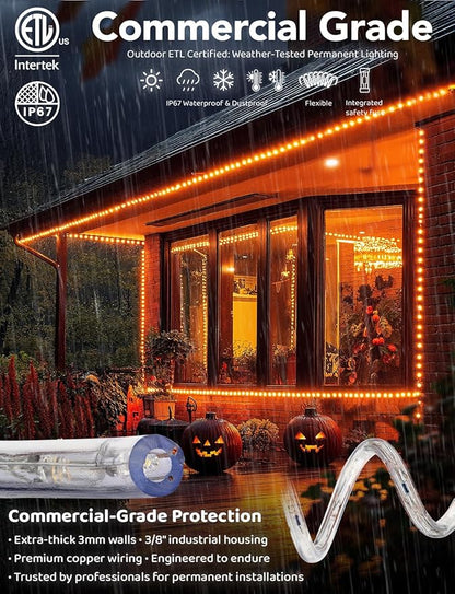 WYZworks 576LEDs 50ft LED Outside Rope Lights, Outdoor ETL Certified Waterproof Permanent 360 Degree Light Emitting, Flexible Tube, Connectable, Christmas Palm Tree Exterior Landscape, Orange