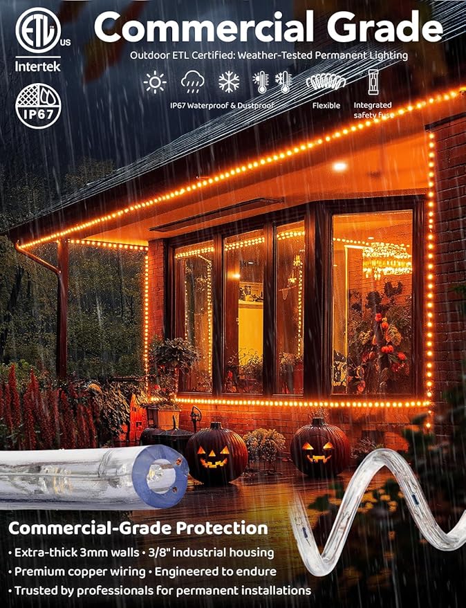 WYZworks 3312LEDs 300ft LED Outside Rope Lights, Outdoor ETL Certified Waterproof Permanent 360 Degree Flexible Bend & Light Emitting, Connectable, Christmas Palm Tree Exterior Landscape, Orange