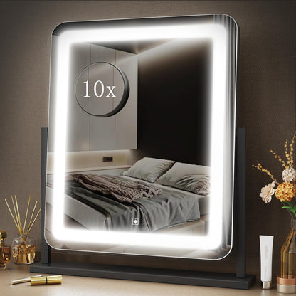 Makeup Vanity Mirror with Lights 15.2" Large LED Lighted Mirror, Hollywood Make Up Mirror with Lighting for Bedroom Tabletop, Smart Touch,Detachable 10X Magnification 360° Rotation, (White)