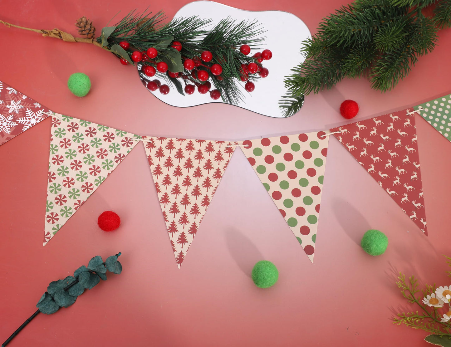 Christmas Banner Bunting-Xmas Birthday Banner- 80 Inch Holiday Pennant Garland with Snowflake Reindeer Pattern, Red and Green Triangle Flags for Winter Home Party Decoration