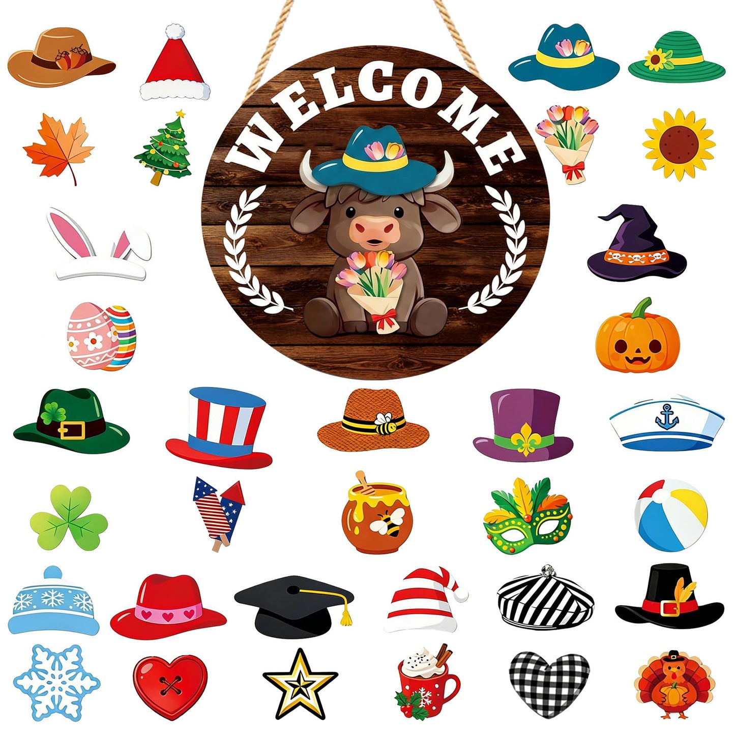 Yiranok Holiday Interchangeable Highland Cow Welcome Sign,Highland Cow Seasonal Wooden Hanging Door Decoration Front Door Decoration Gift Hanging Door Sign