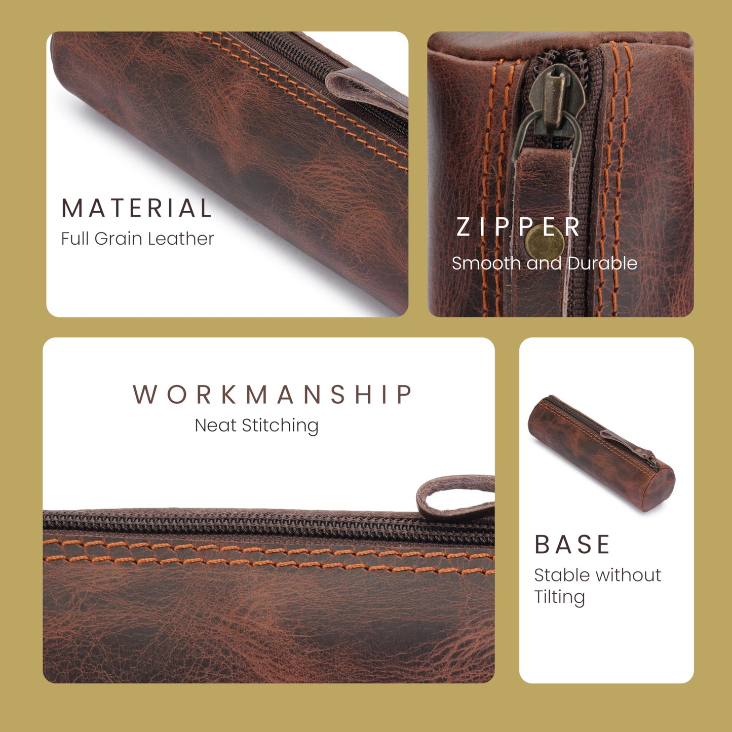CestAntiQ Round Leather Zipper Pencil Case – Full Grain Handmade Pen, Marker & Sketch Pouch, Compact Tube-Shaped Organizer for Office & Travel, Premium Small Tool Holder for Adults – Brown