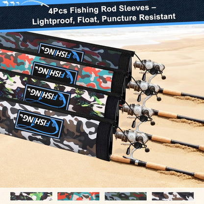 MONYES Neoprene Fishing Rod Sleeves for Casting, Spinning, Trolling Pole - Protective Cover Rod Sock with Hanging Loop & Lanyard- Floating, Puncture Resistant, Lightproof (65in, 4P)