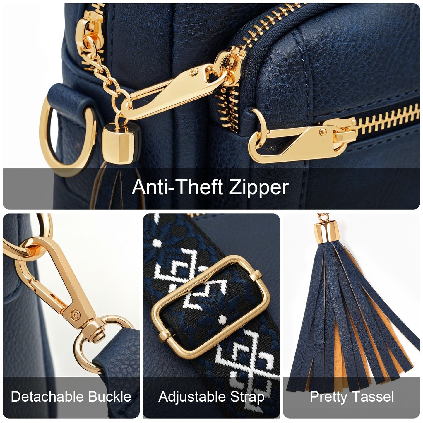 HILAEX Small Leather Crossbody Bags for Women Anti theft Purses and Handbag Shoulder Hangbag with Wide Strap Tassel Navy Blue