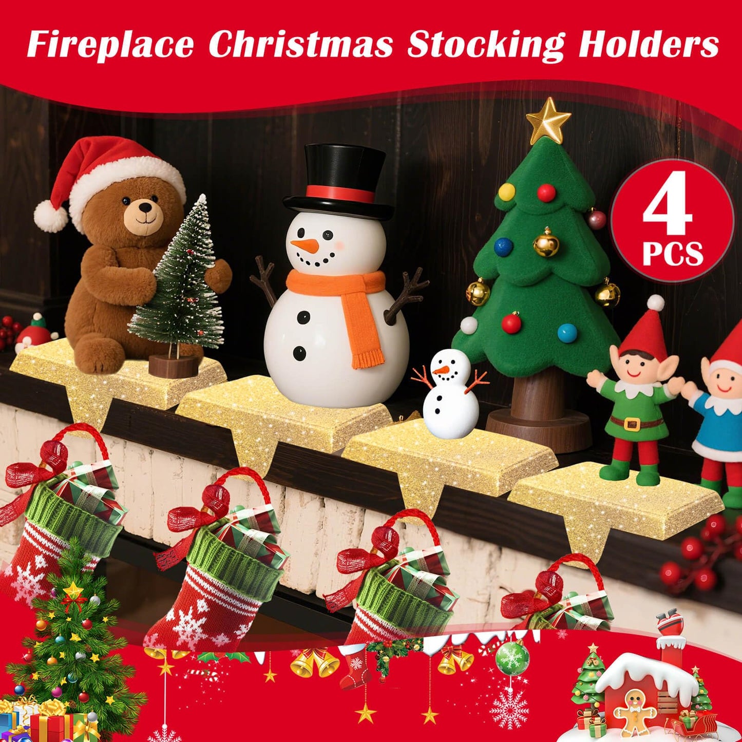GoClimber Christmas Stocking Holders for Mantle Set of 4, Weighted Stocking Holder Fireplace Stocking Hangers for Xmas Holiday Party Decoration