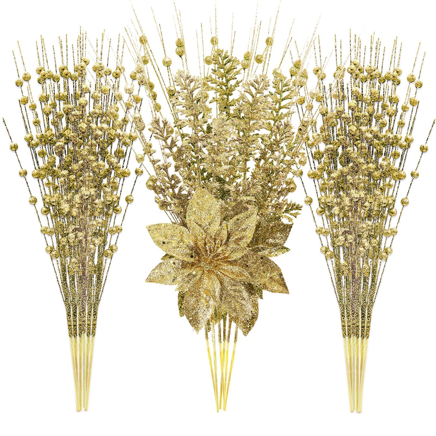 24 Pack Artificial Glitter Berry Stem Ornaments - 17.5 Inch Fake Christmas Picks Decorations with Poinsettia Flowers, Bead Sticks for DIY Christmas Tree, Wreath, Wedding & Small Vase Decor