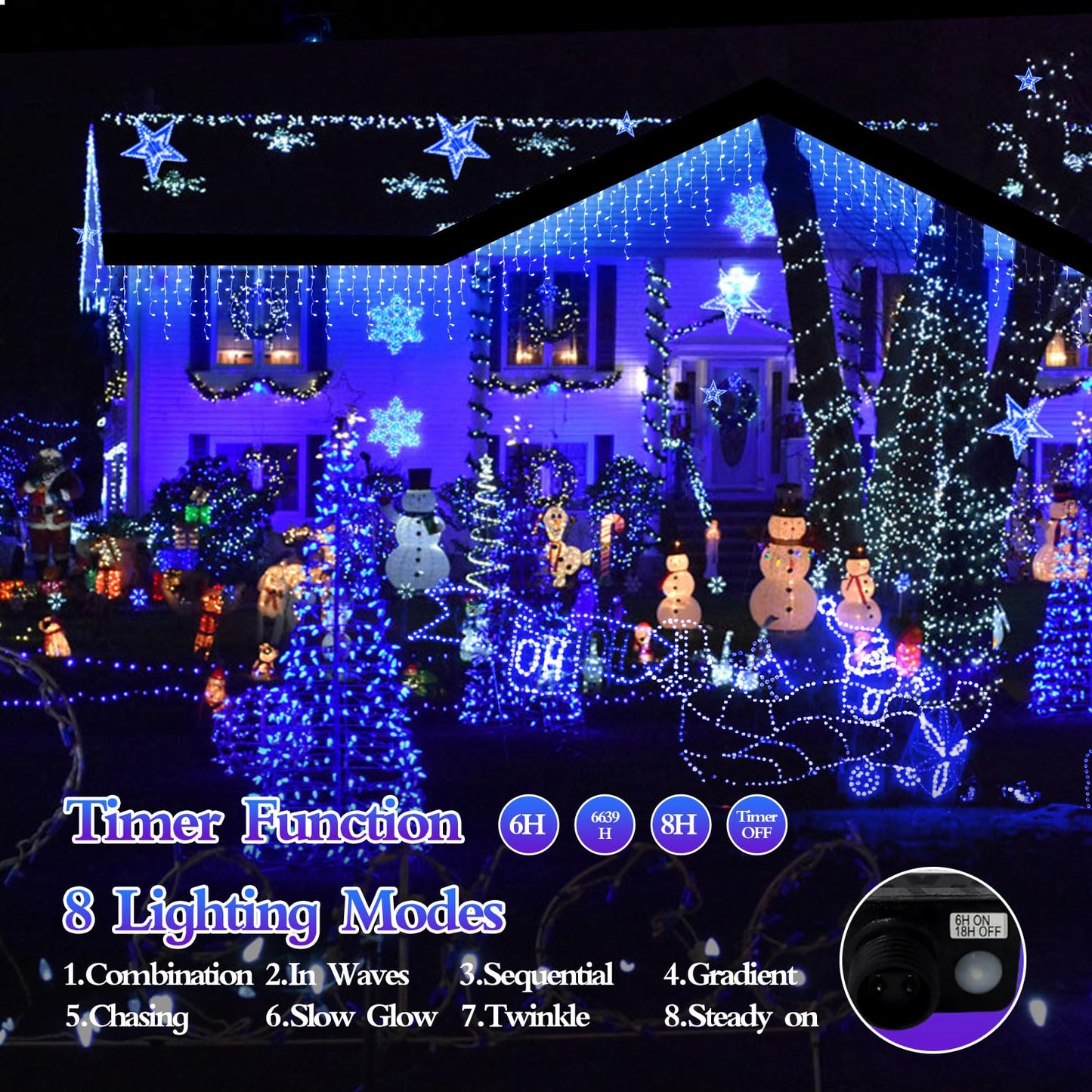 FLVOECN 480 LED 49FT Christmas Lights Plug in 8 Modes with Timer Dimmable Christmas Decorations Outdoor Waterproof Indoor Curtain String Lights for Roof Porch Garden Holiday Wedding Party Decor Blue
