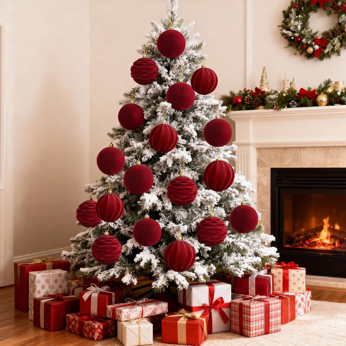 Artmag 4 PCS Large Velvet Christmas Balls Ornaments Shatterproof Hanging Set Flocked for Xmas Tree Holiday Party Decorations (Burgundy,4 Inch)