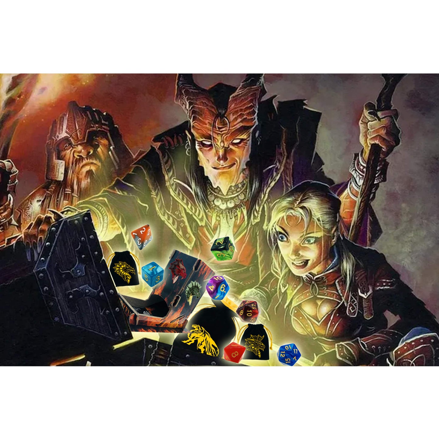 TOYFUL 6 Sets Double-Color Polyhedral Dice for DND, RPG, MTG & Table Games - 7pcs Set (d20, d12, 2x d10, d8, d6, d4) with 6 Drawstring Bags, 1 Big Bag, 1 PU Leather Dice Tray & Sticker