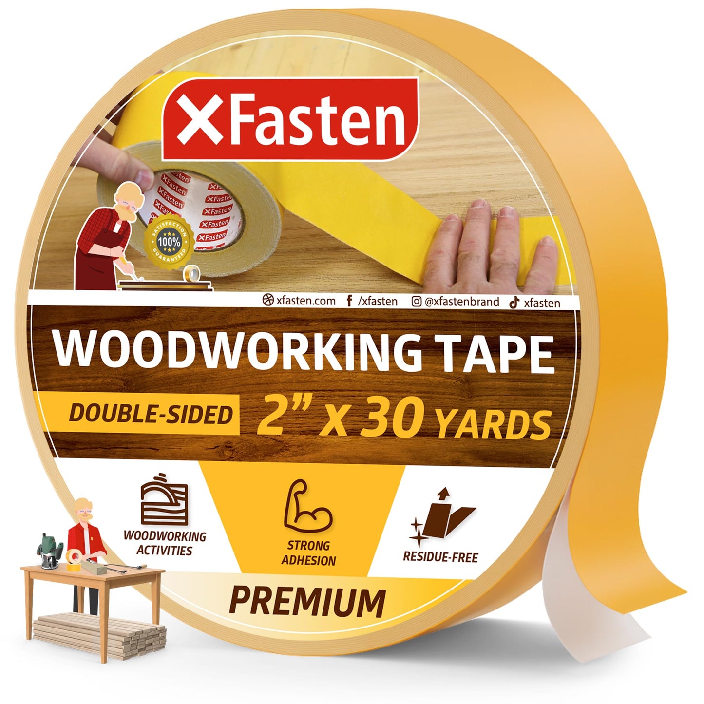 XFasten Double Sided Woodworking Tape 2 Inch x 90 Feet, Heavy Duty Residue-Free Double Sided Masking Tape for Router Templates, High Speed CNC Router, MDF Edge Banding, and Zero Clearance and Gap Cuts