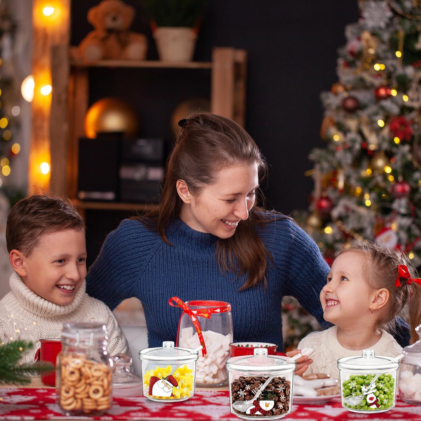 FYSUIMU 3Pcs Christmas Hot Cocoa Bar Supplies with Lid Spoon 6.8 Oz Acrylic Sugar Bowl Santa Snowman Reindeer Xmas Candy Jar Clear Kitchen Storage Container for Home Coffee Bar Holiday Party