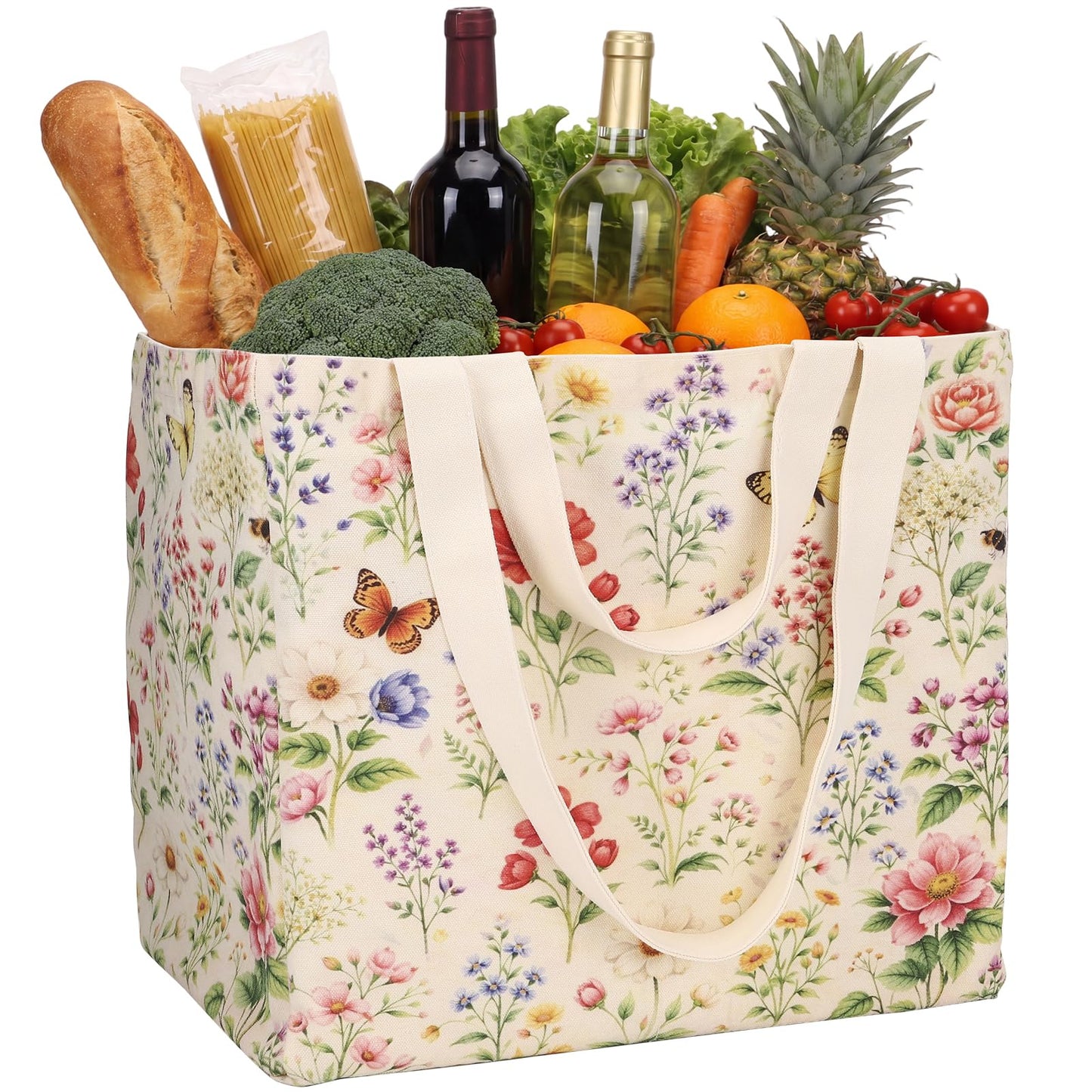 Ovveroche Large Canvas Grocery Tote Bag with Floral Reusable Heavy Duty Shopping Tote Bags with 6 Inner Pockets & Hard Bottom